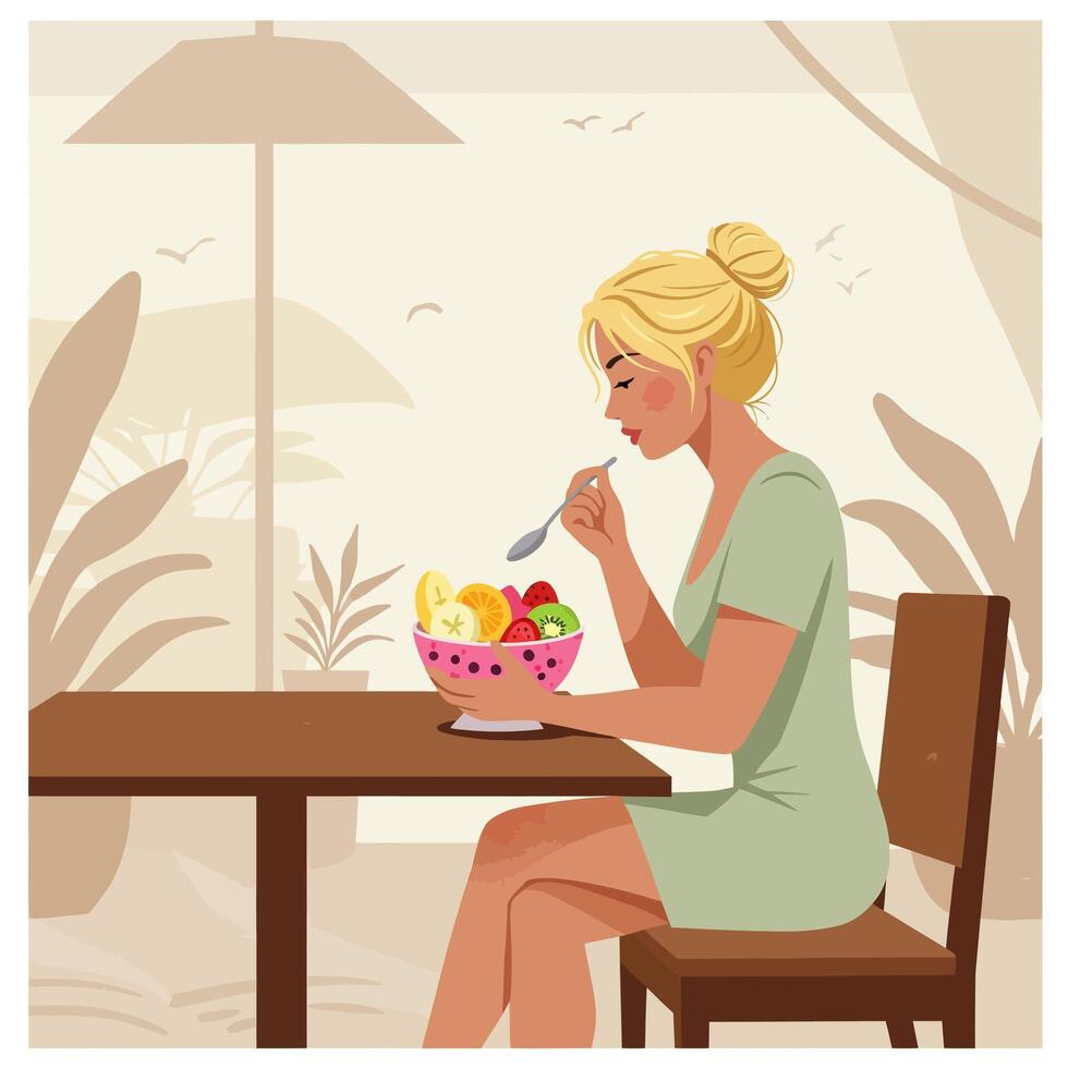 Woman Eating Fruit Salad at Cafe Illustration vector