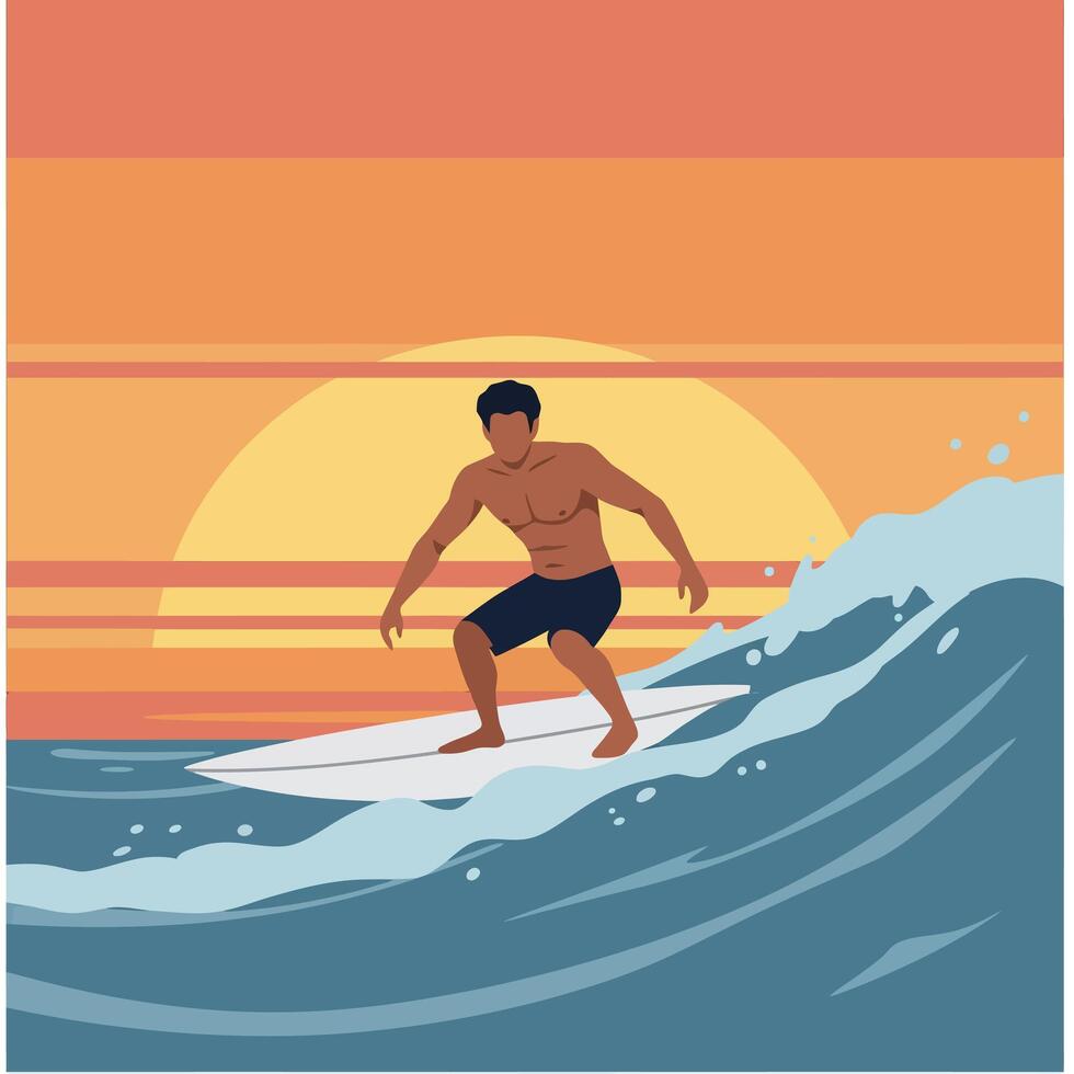 A man riding a surfboard on a wave at sunset vector