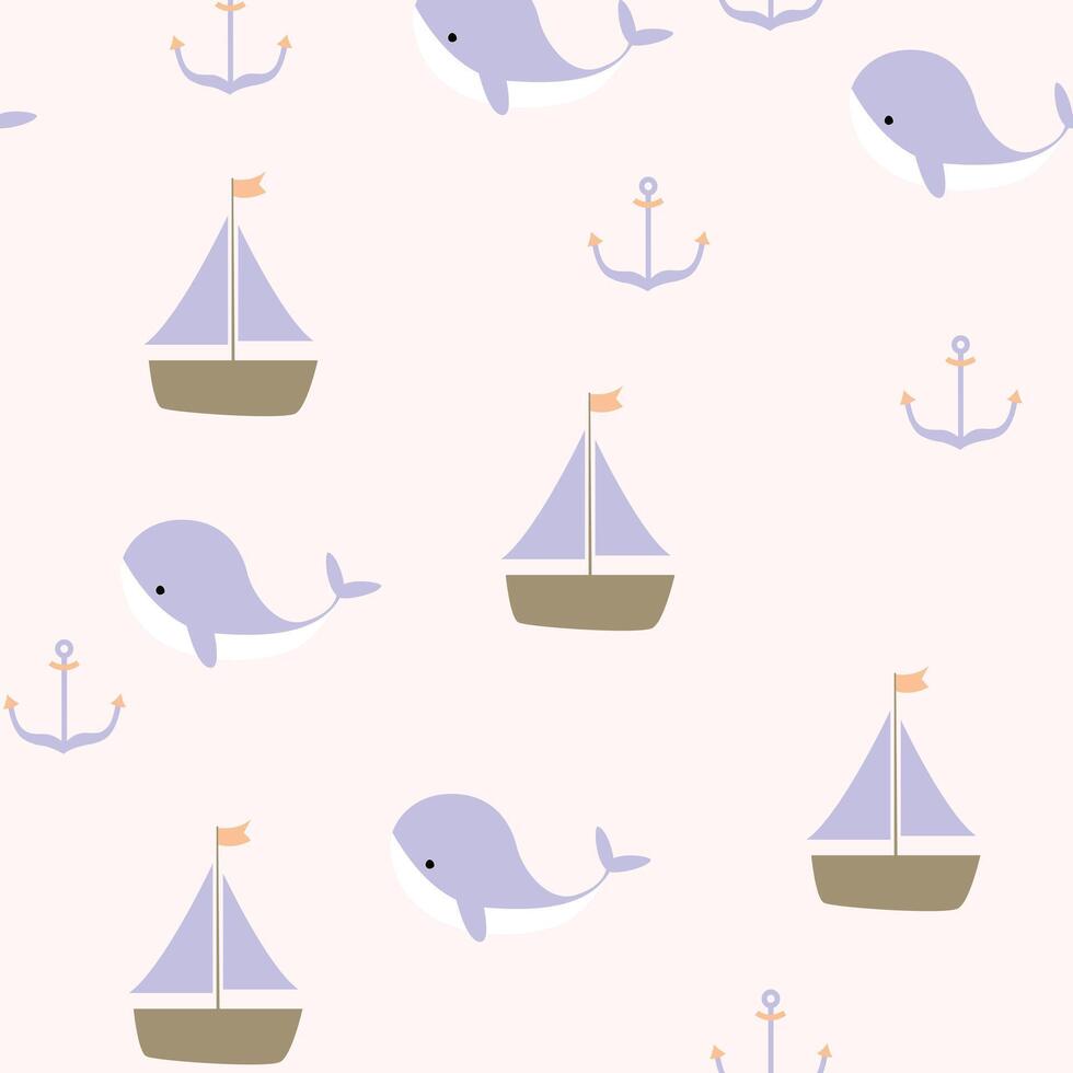 A pattern with whales and boats on a pink background vector