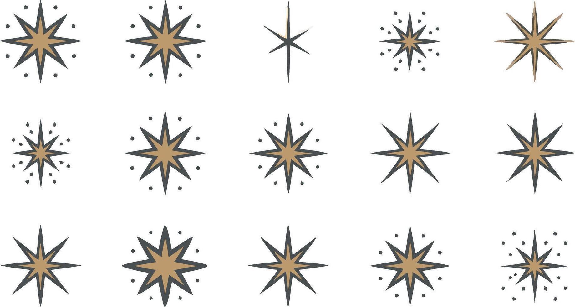 Collection of golden stars with various designs and sparkle effects vector