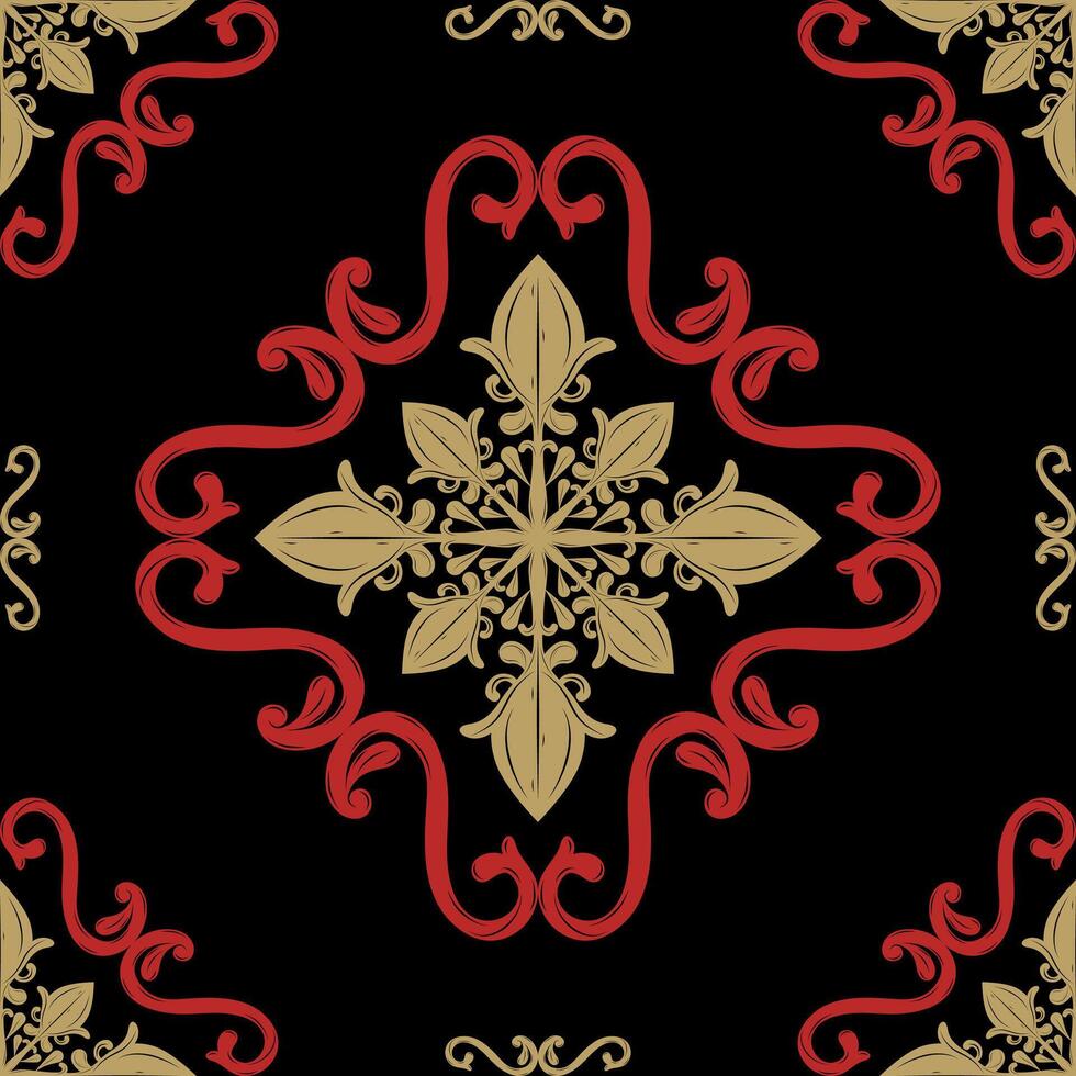 Beautiful Wealth Flowers Design from Scroll Ornament Fleur de lis Style with Gold and Red Silk Weaves Embroidery on Black Background. Intricate Luxury Repeat Seamless Pattern For Decoration Wallpaper vector