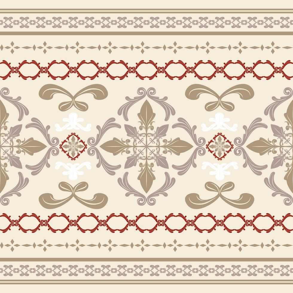 Intricate Victorian Baroque Silk Weaves Handicraft Scroll Ornament Red Gold White on Beige Background. Elaborate Classy Haute Couture Border Pattern Design for Gown Wedding Dress Apparel Textiles Lace vector