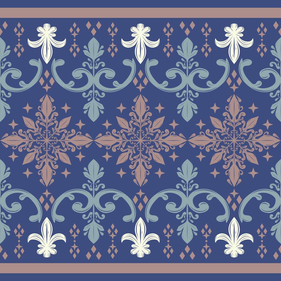 Elegance Luxury Traditional Motif Serve. Seamless Border Stripe Pattern on Deep Blue Background. Scroll Delight Ornament Geometric and Lily of Fleur de lis Design for Rich Decoration High Fashion Lace vector