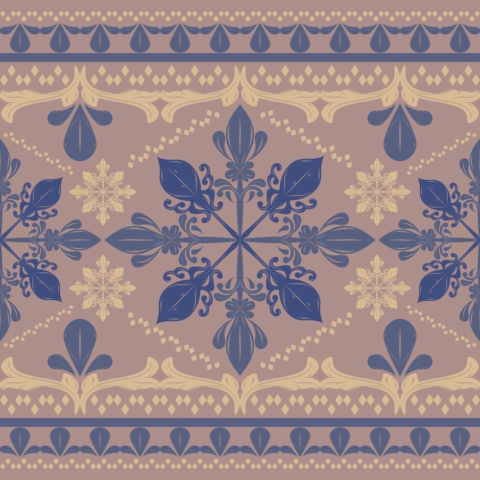 Renaissance Florals Design with Blue and Yellow Filigree Hand Drawn on Light Brown Pattern Elegance Luxury Detailed for Elaborate Rich Expensive Style Silk Embroidery Lace Apparel Men's Wear Tradition vector