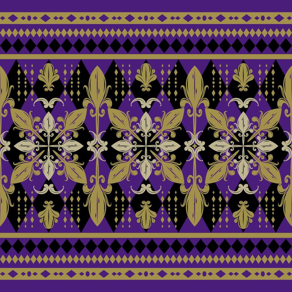 Elegance Rococo Motif Scroll Ornament of Golden Shades on Violet Background Fleur de lis Geometry Border Pattern Design for Luxury interior Fabrics Texture Wallpaper Opulence Detailed Silk Embroidery vector