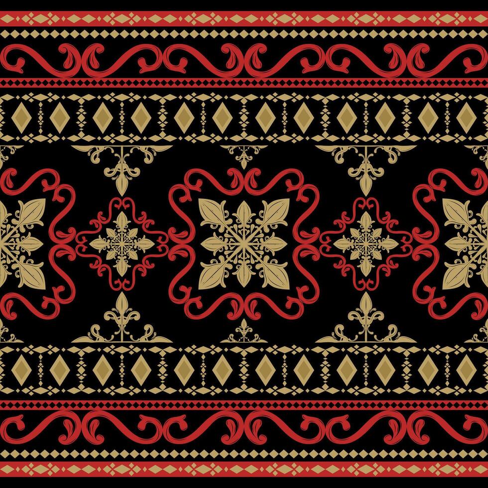 Classy Motif Luxury Oriental Silk Weaves Ethnic Style with Scroll Ornament Fleur de lis Geometric Royal Gold and Red on Honor Black Background Elegance Intricate Detailed for Decoration Pattern Border vector