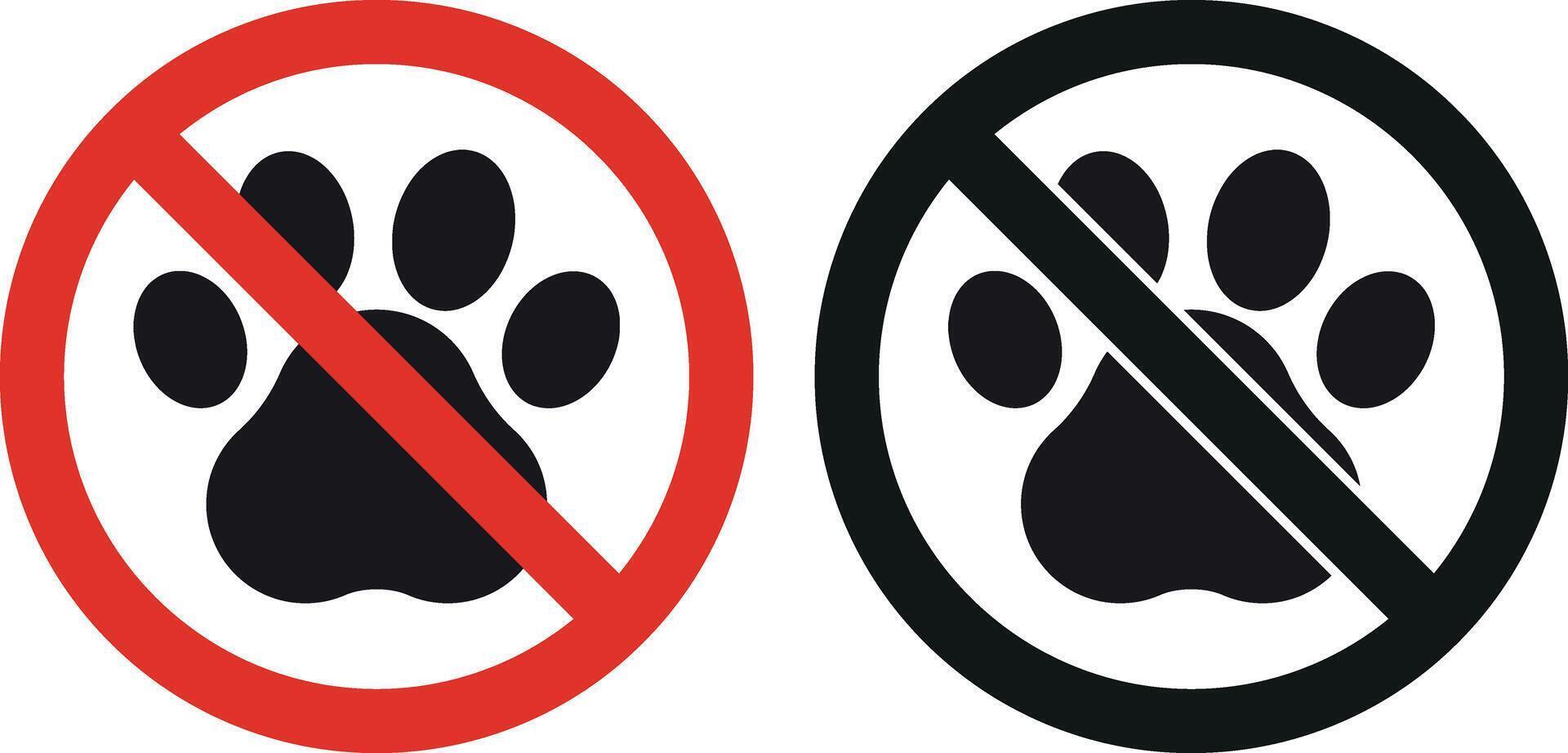 No dog icon set in black and red colors . No pets sign . No animals allowed sign . illustration vector