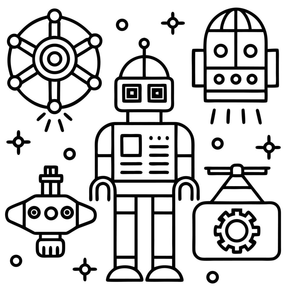 robot and other items in a line drawing vector