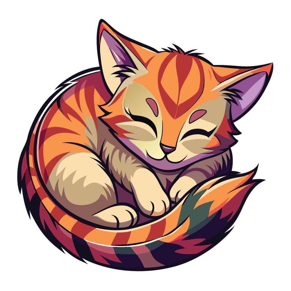 Sleeping Cartoon Cat with Striped Fur in Peaceful Pose vector