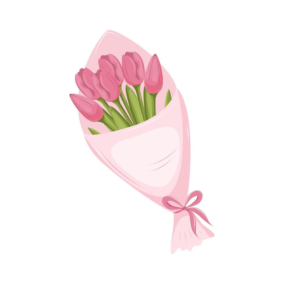 Bouquet of pink tulips in wrapping paper tied with a ribbon with a bow. Flowers gift for a holiday. Isolated illustration on a white background. vector