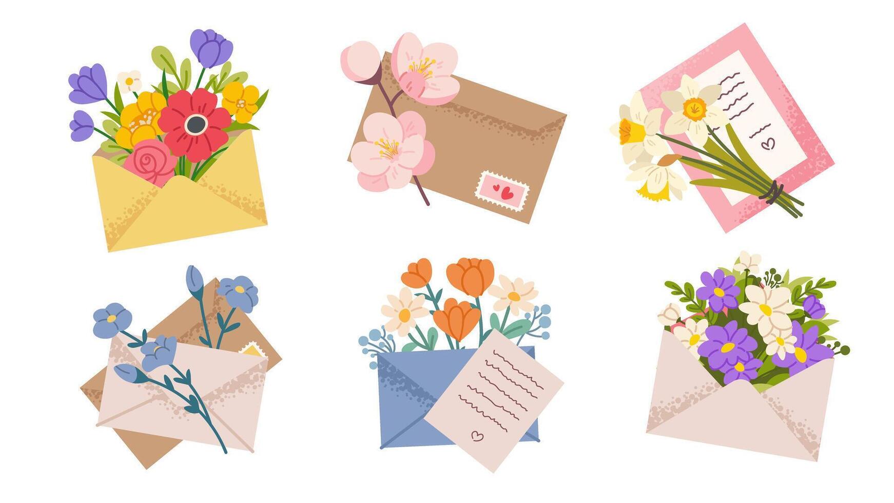 A set of floral envelopes. A gift for Mother's Day, for women. Bouquets of flowers package. illustrations with grainy texture vector