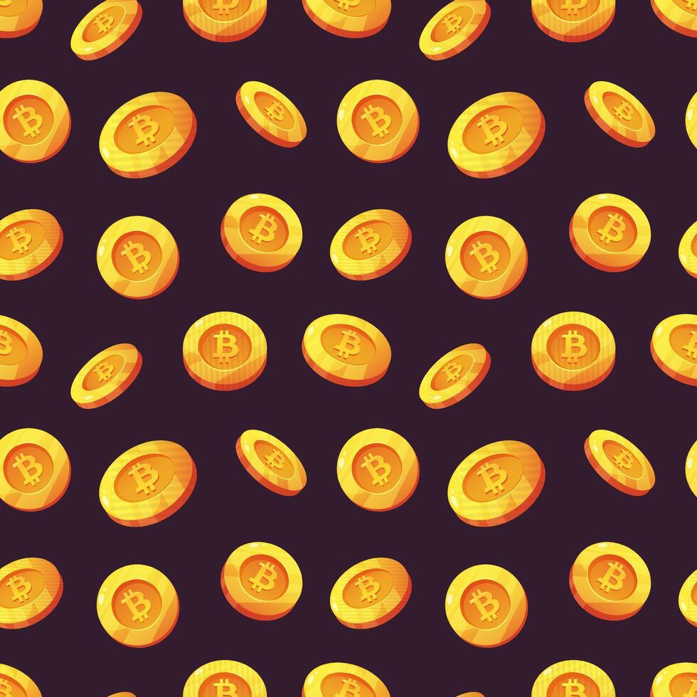 Seamless pattern with coin and bitcoin sign. Black background with cryptocurrency. template vector