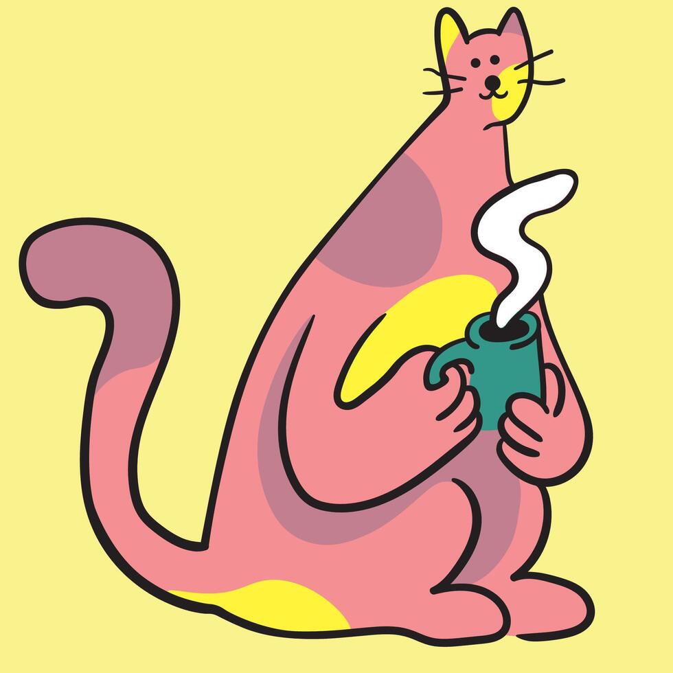 colored cat character drinking coffee in doodle style vector