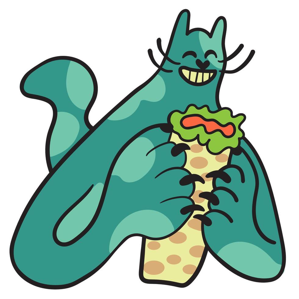 colored cat character eat kebab in doodle style vector