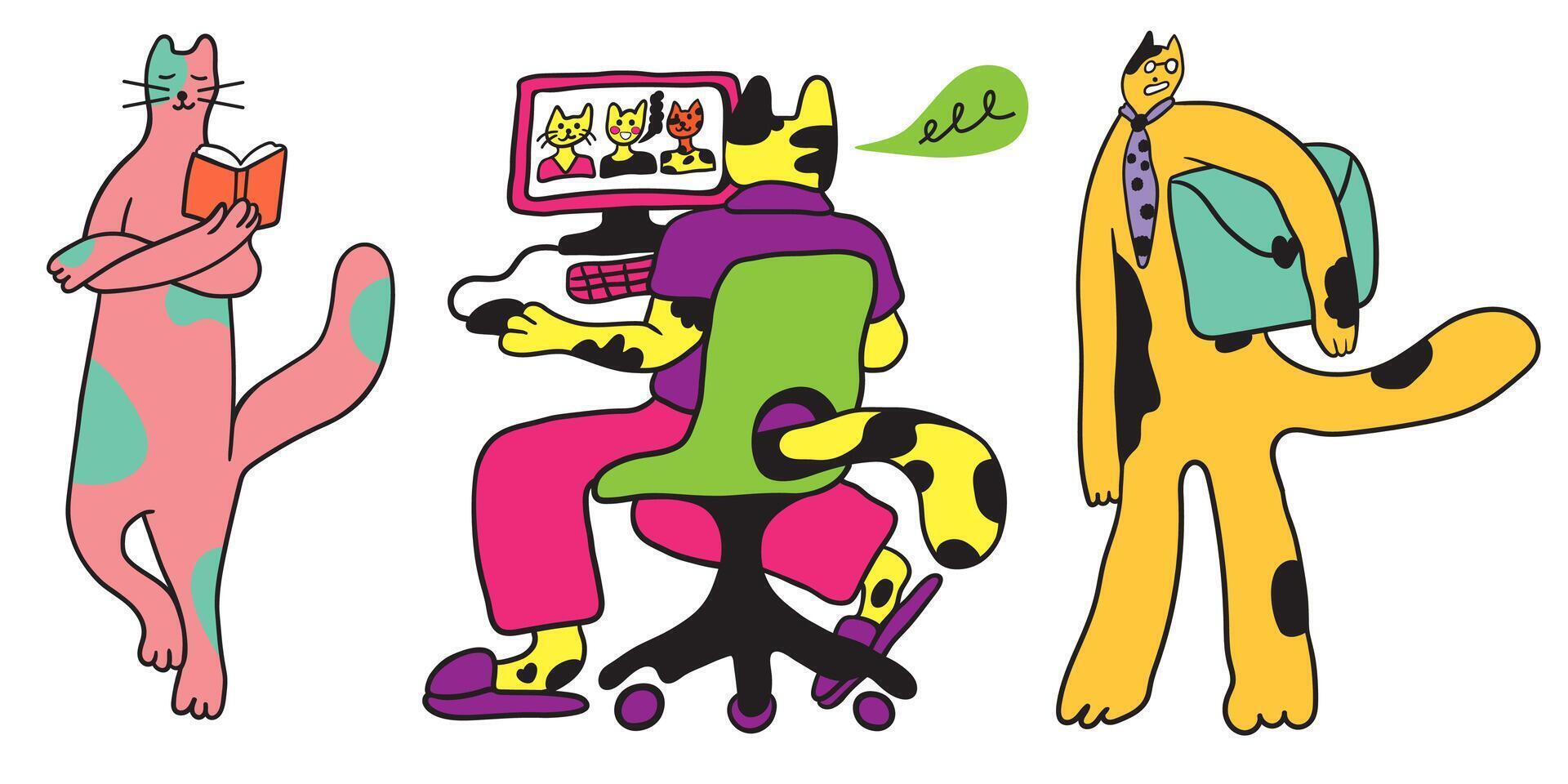 small set of colored business cats characters in doodle style vector