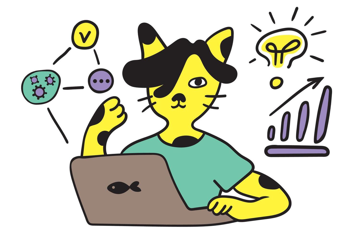 business cat character with laptop in doodle style vector