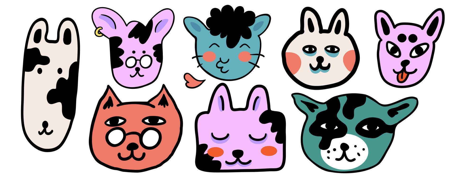 colored middle set of cats portrait in doodle style vector