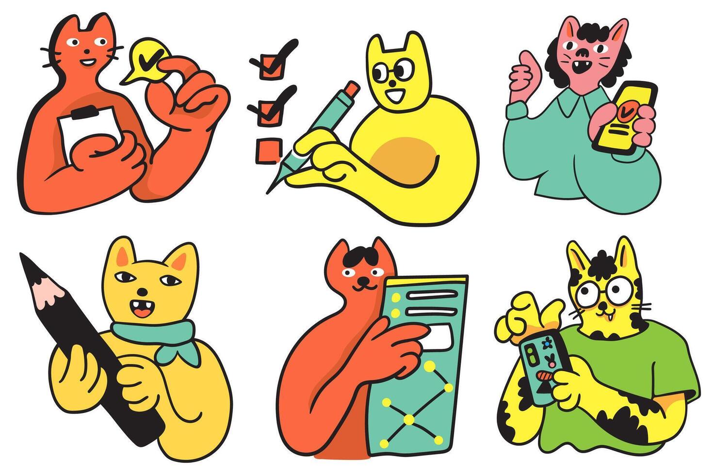 middle set of colored business cats characters at work in doodle style vector