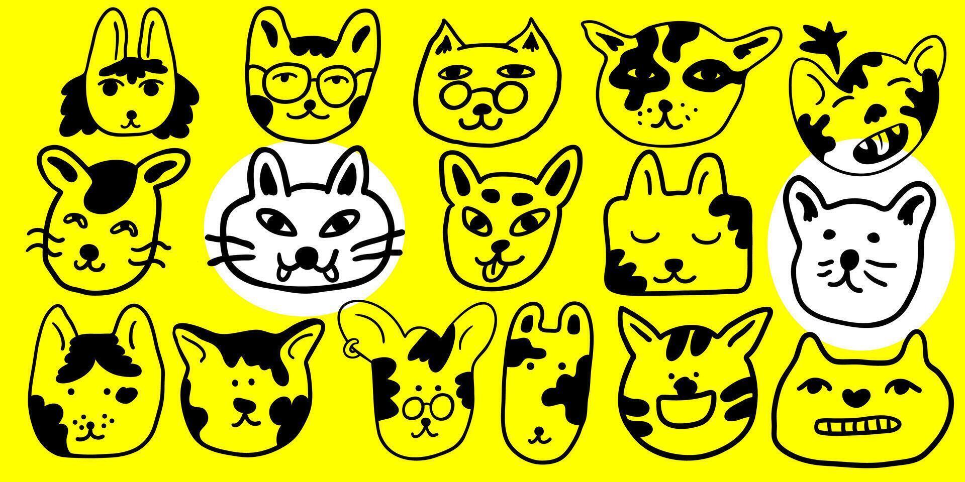 big set of linear cats portrait in doodle vector