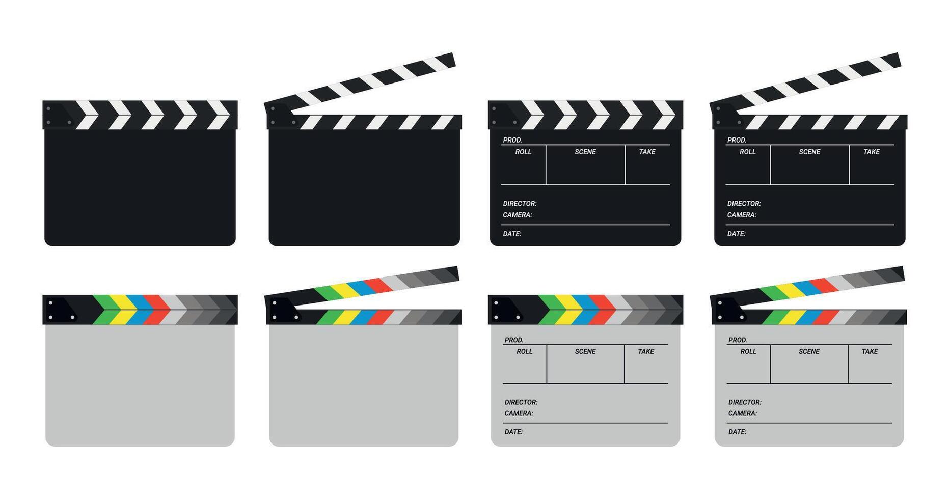Opened movie film clap board isolated on white background. Clapper board set vector