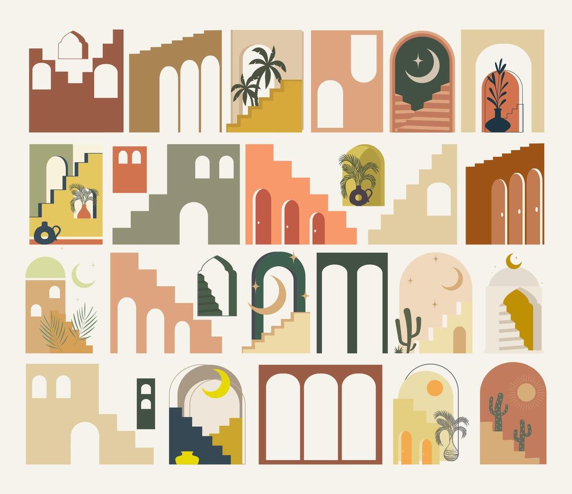 Moroccan architecture decorative elements. Morocco buildings vector