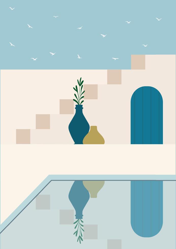 Greek town view flat color illustration. Summer holiday in Greece. Mediterranean European architecture vector