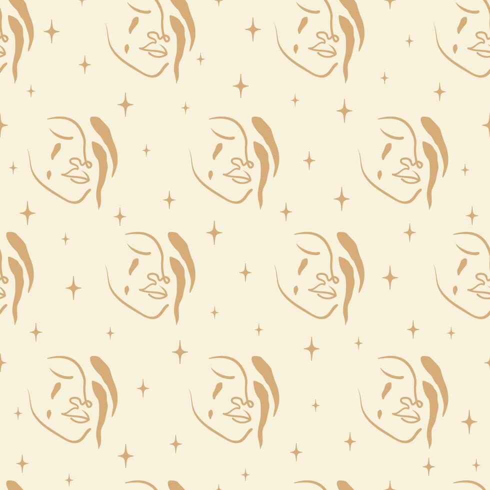 Female face seamless pattern. Aesthetic hand drawn line art simple style. Woman design concept art vector