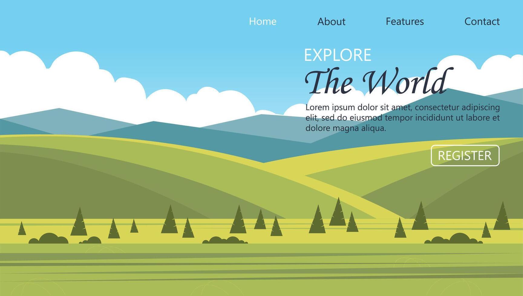 Spring travel advertising background. Summer landscape of nature, mountains and forest banner vector