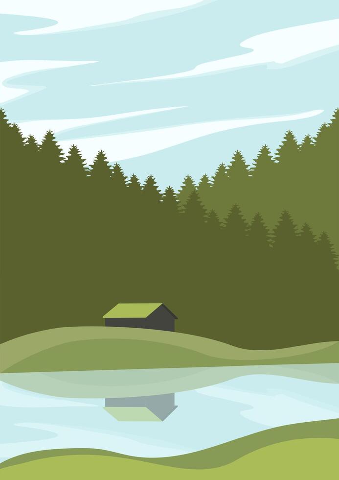 Spring forest landscape near water illustration. Countryside scene with green fields. Skyline with clouds vector