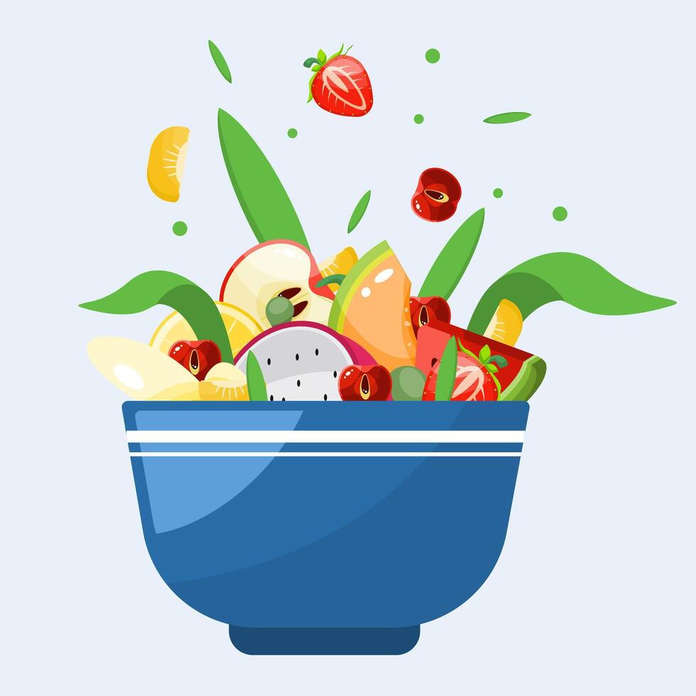 Fruit and salad bowls with summer fresh fruits vector