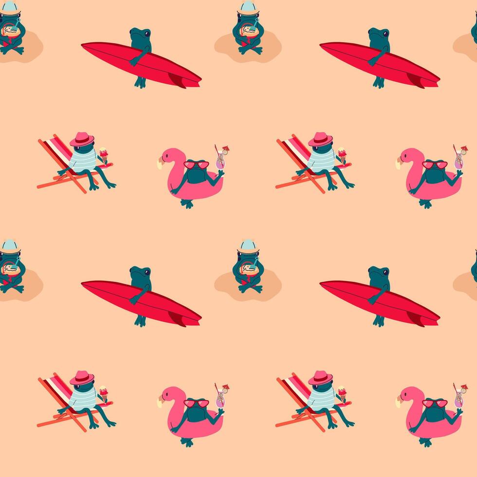 Seamless pattern with cartoon frogs in different beach poses, enjoying summer activities vector