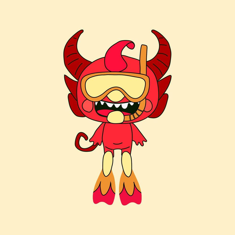 Cartoon character with horns, wearing a mask and flippers, ready for a fun and mysterious underwater adventure vector