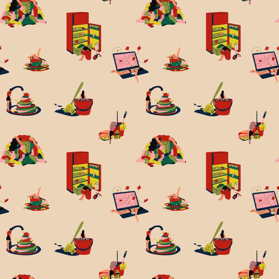 Seamless pattern with women struggling with household chores, representing stress, depression, and the overwhelming burden of domestic responsibilities vector