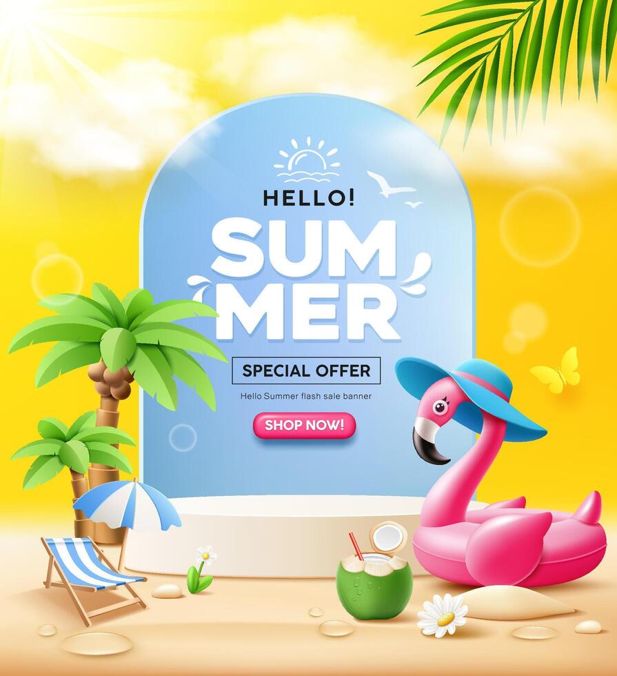 Summer sale podium, pink flamingo inflatable swimming pool, coconut trees, beach umbrella, poster design, on yellow background vector