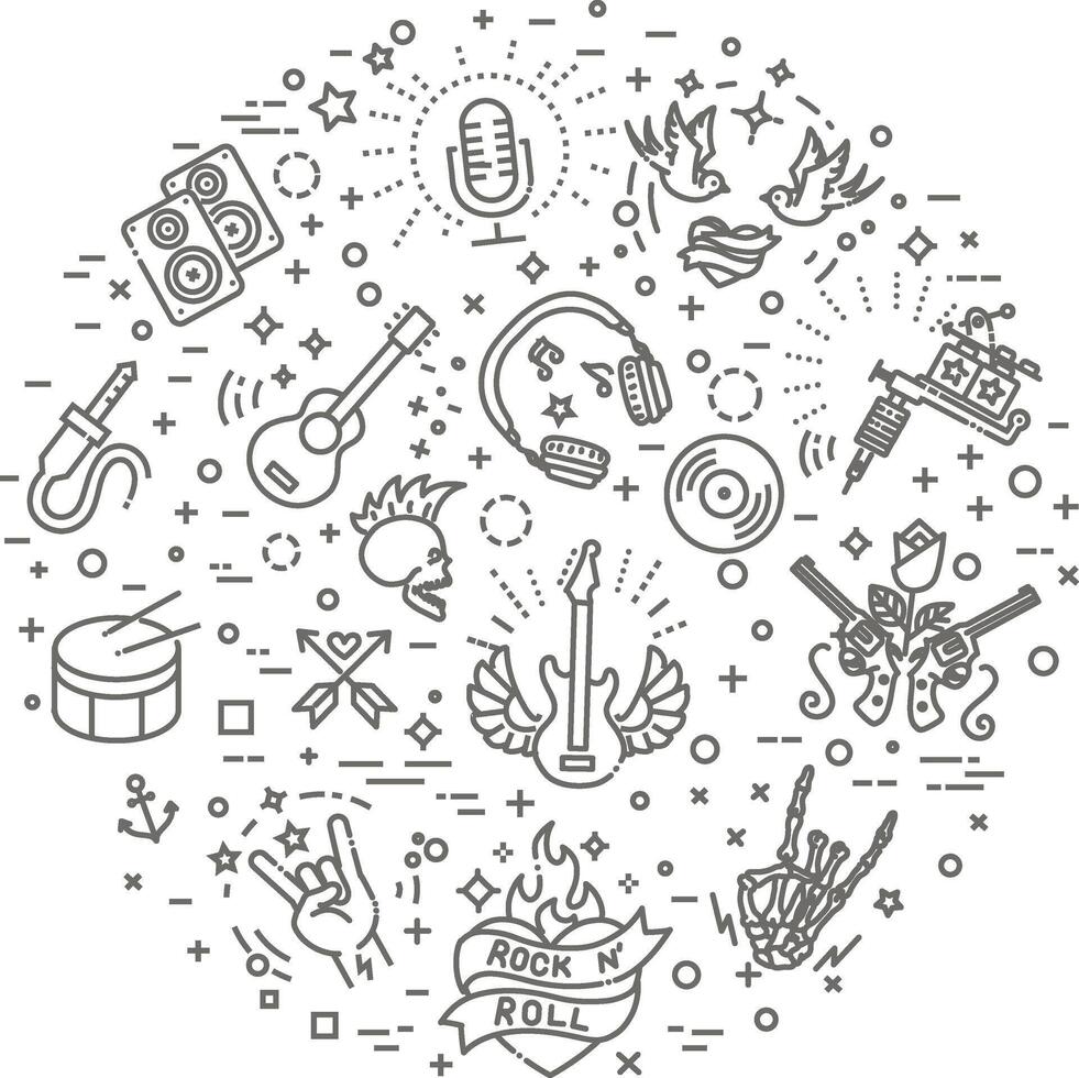 Rock and Roll line icon set. Outline banner vector