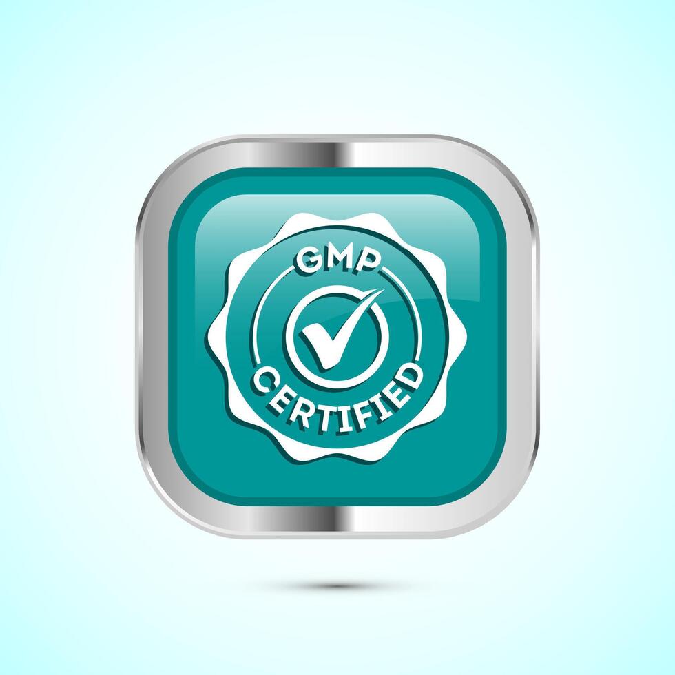 GMP certified icon design illustration. Good manufacturing practice label badge, Teal color square button design vector