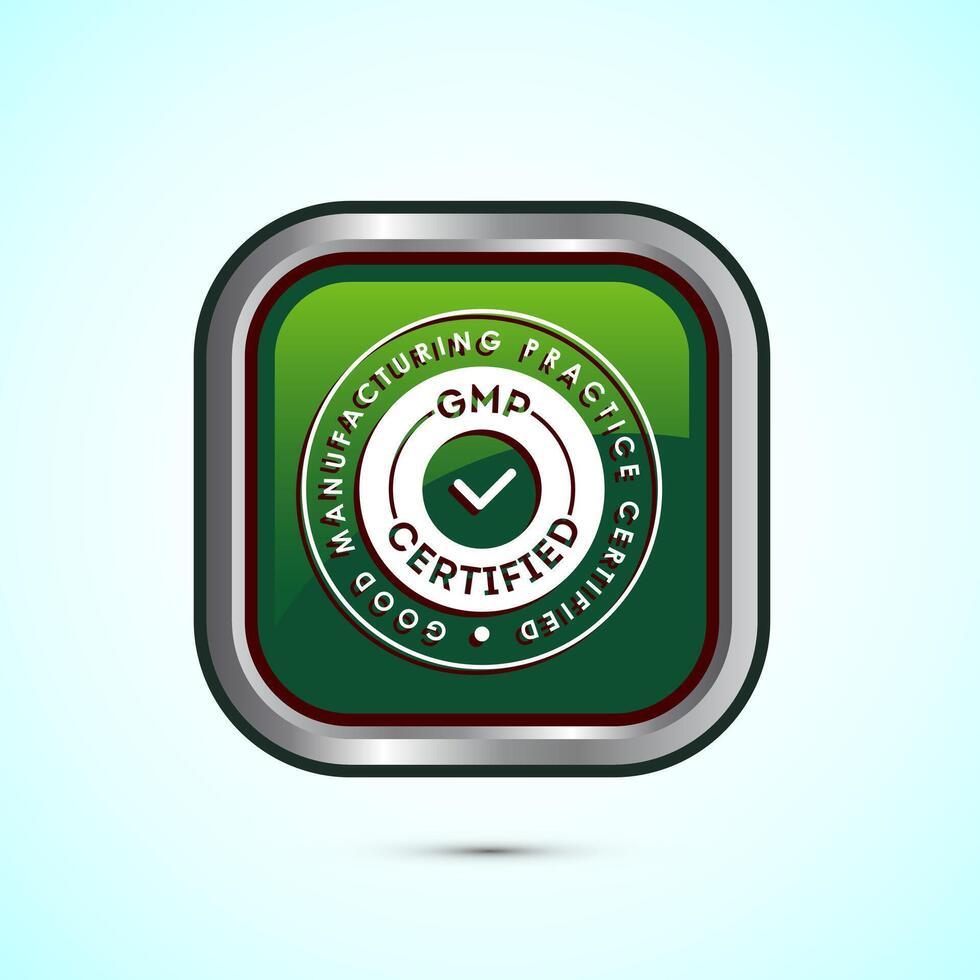GMP certified icon design illustration. Good manufacturing practice label badge, Green color square button design vector