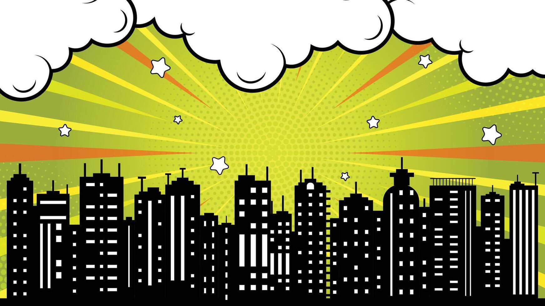 Comic Style Cityscape Silhouette with Pop Art Yellow Burst and White Clouds vector