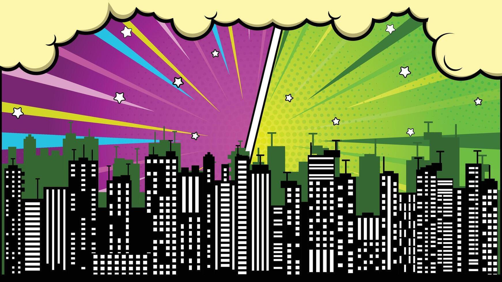 Pop Art Cityscape, Building Silhouettes, Bursts of Color, Stars, Cartoon Style vector