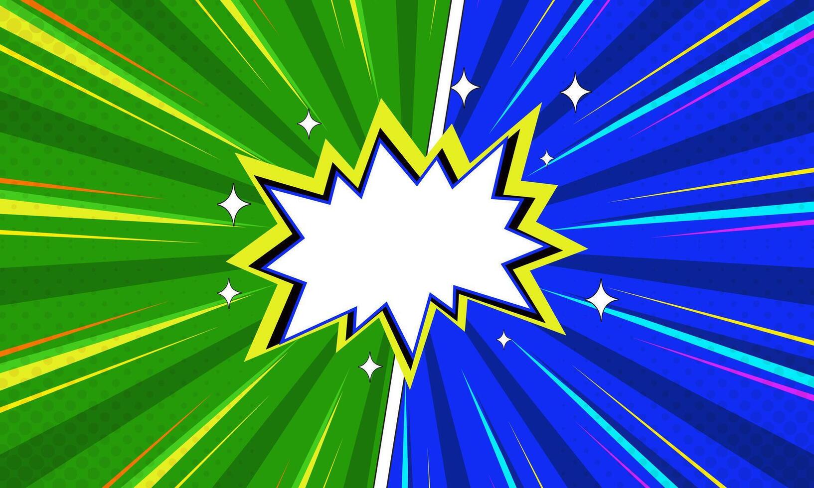 Comic Pop Art Background Design with Blue and Green Halftone and Explosion vector
