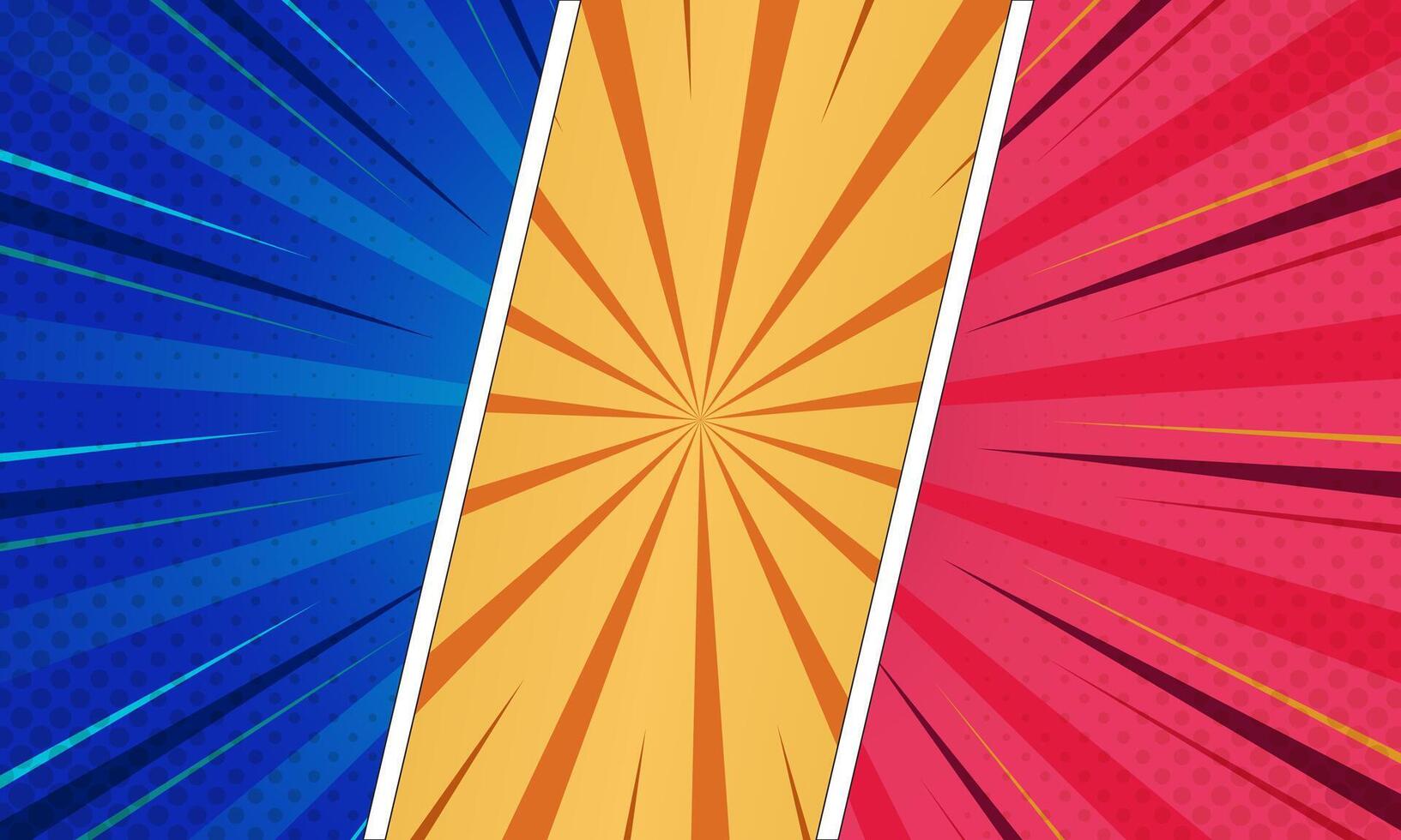 Comic Page Panel Layout with Halftone Dots and Bursting Stripes in Blue, Yellow, Red vector