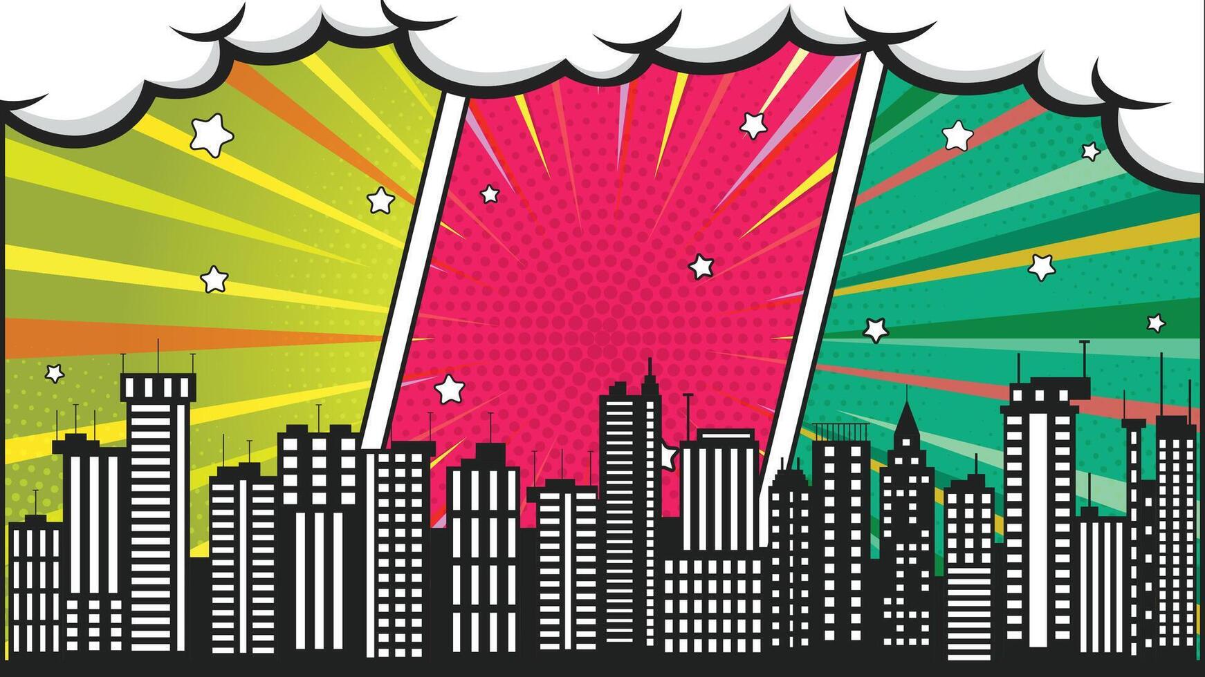 Comic Book Cityscape with Buildings Silhouette and Pop Art Background with Stars vector