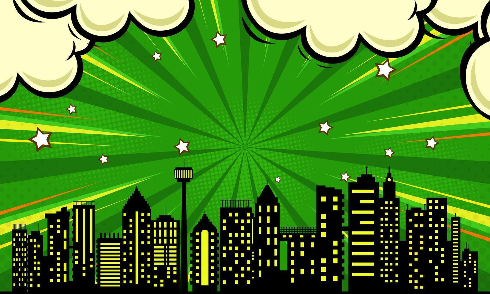 Green Comic Explosion with Cityscape Silhouette, Stars and Cartoon Clouds Graphic vector
