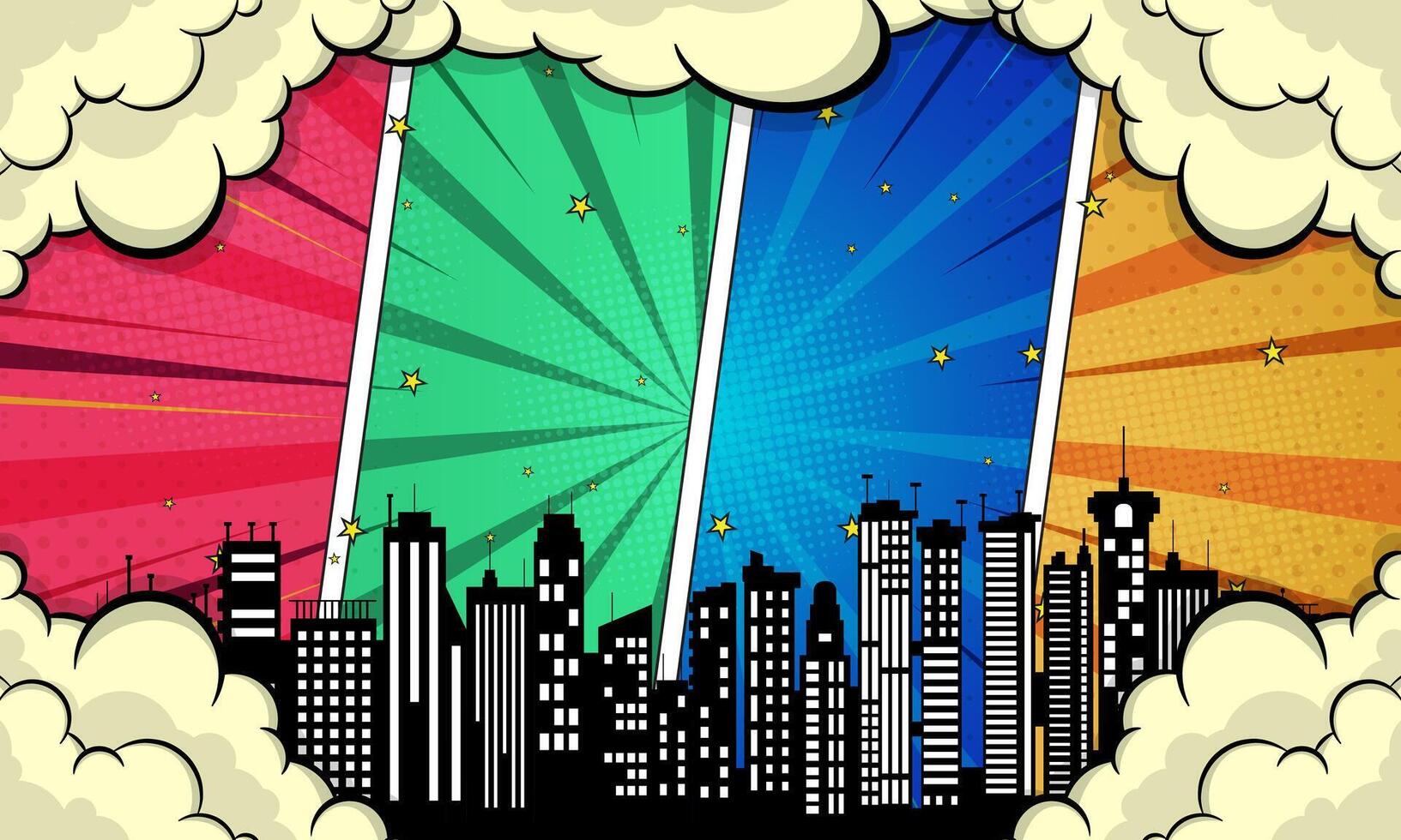 Comic Strip Cityscape Retro Pop Art Buildings with Colorful Background Panels vector