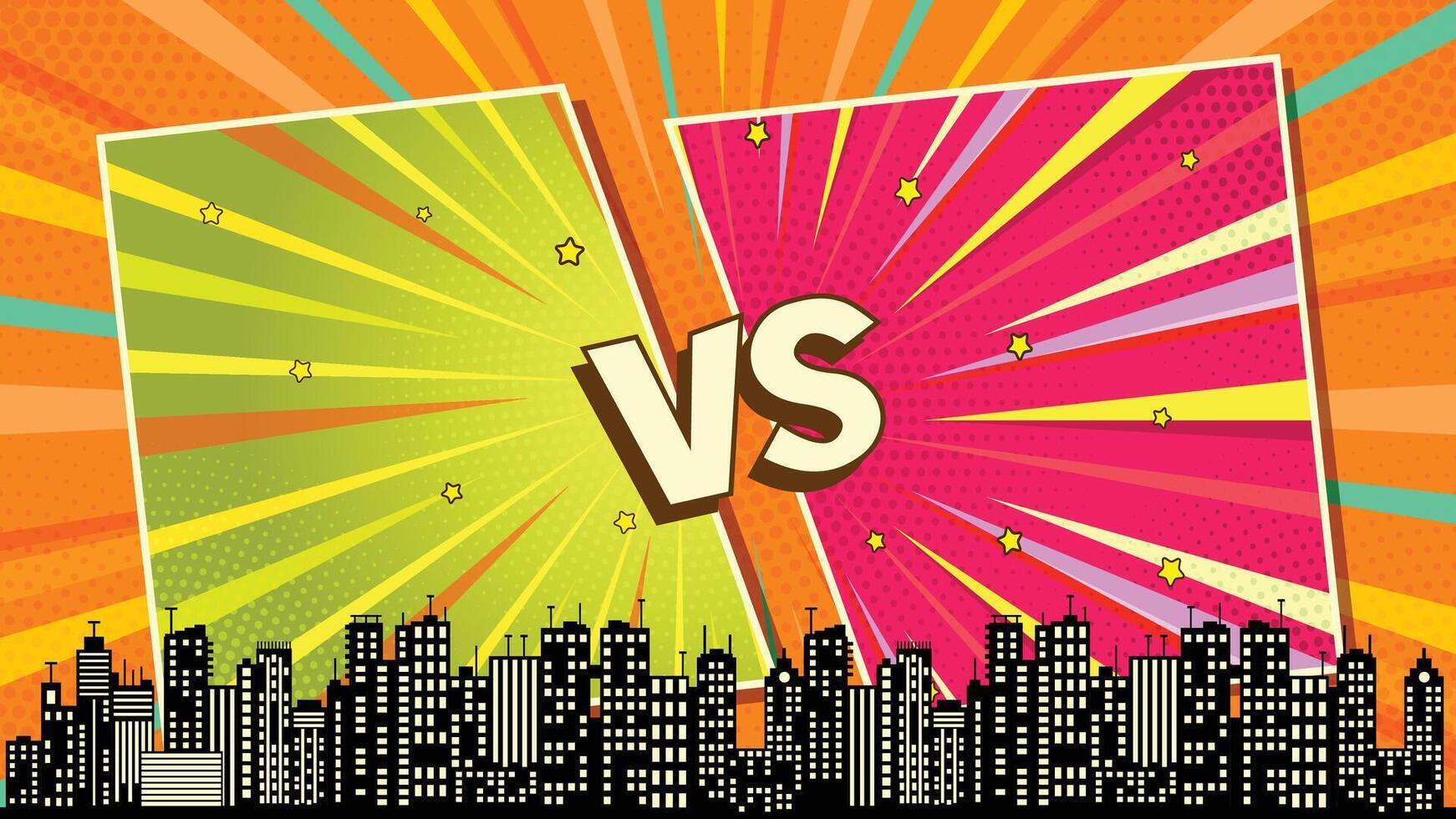 Versus Sign with Cityscape Silhouettes and Colorful Retro Comic Background Design vector