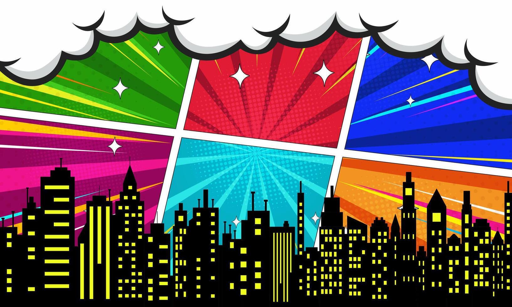 Comic Book Style Panels with Cityscape Silhouette and Retro Pop Art Background vector