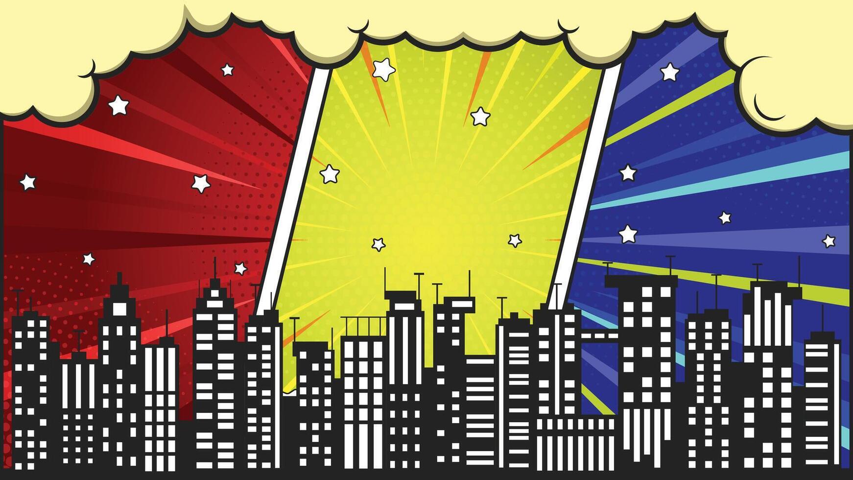 Comic Cityscape Panels, Buildings Silhouette, Stars, Red, Yellow, Blue Pop Art Style vector
