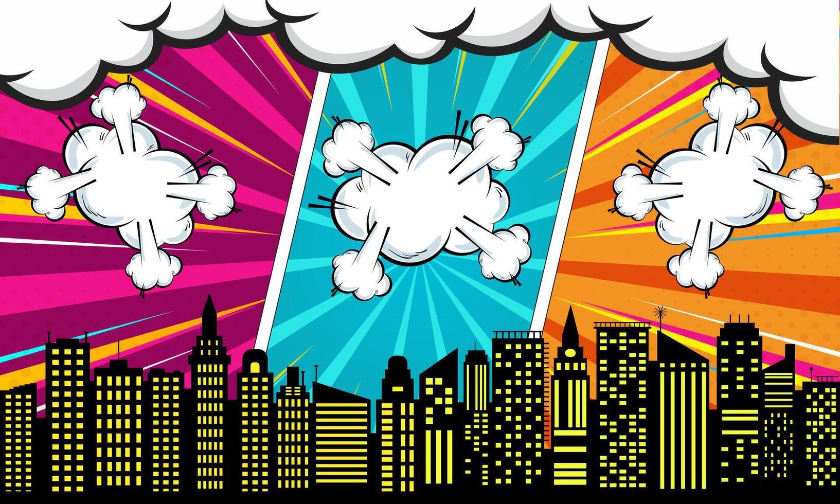 Comic Style Explosion with Cityscape Silhouette, Pop Art Background, Modern Art vector