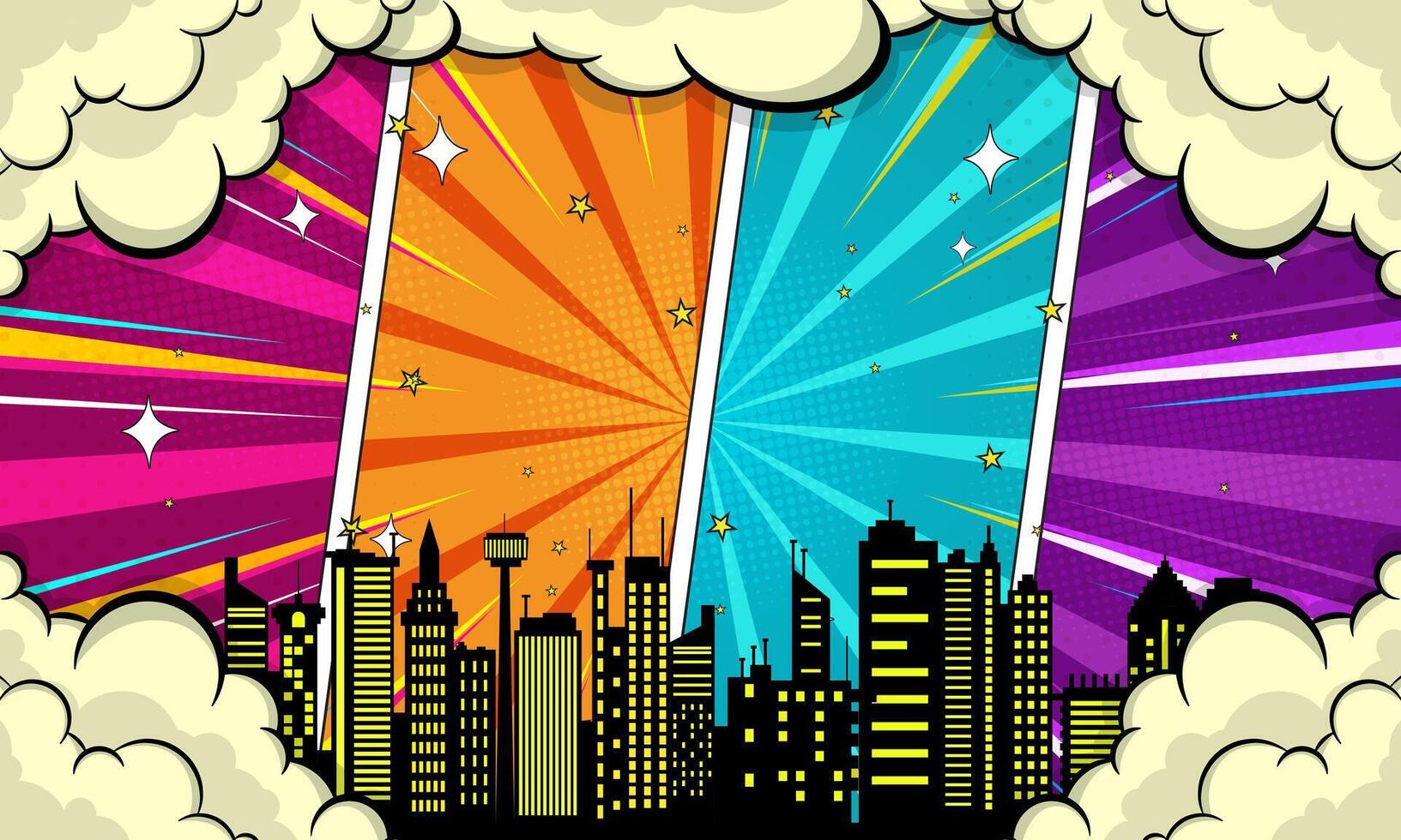 Urban Skyline Comic Strip with Pop Art Panels and Cloud Borders, Cartoon Style vector