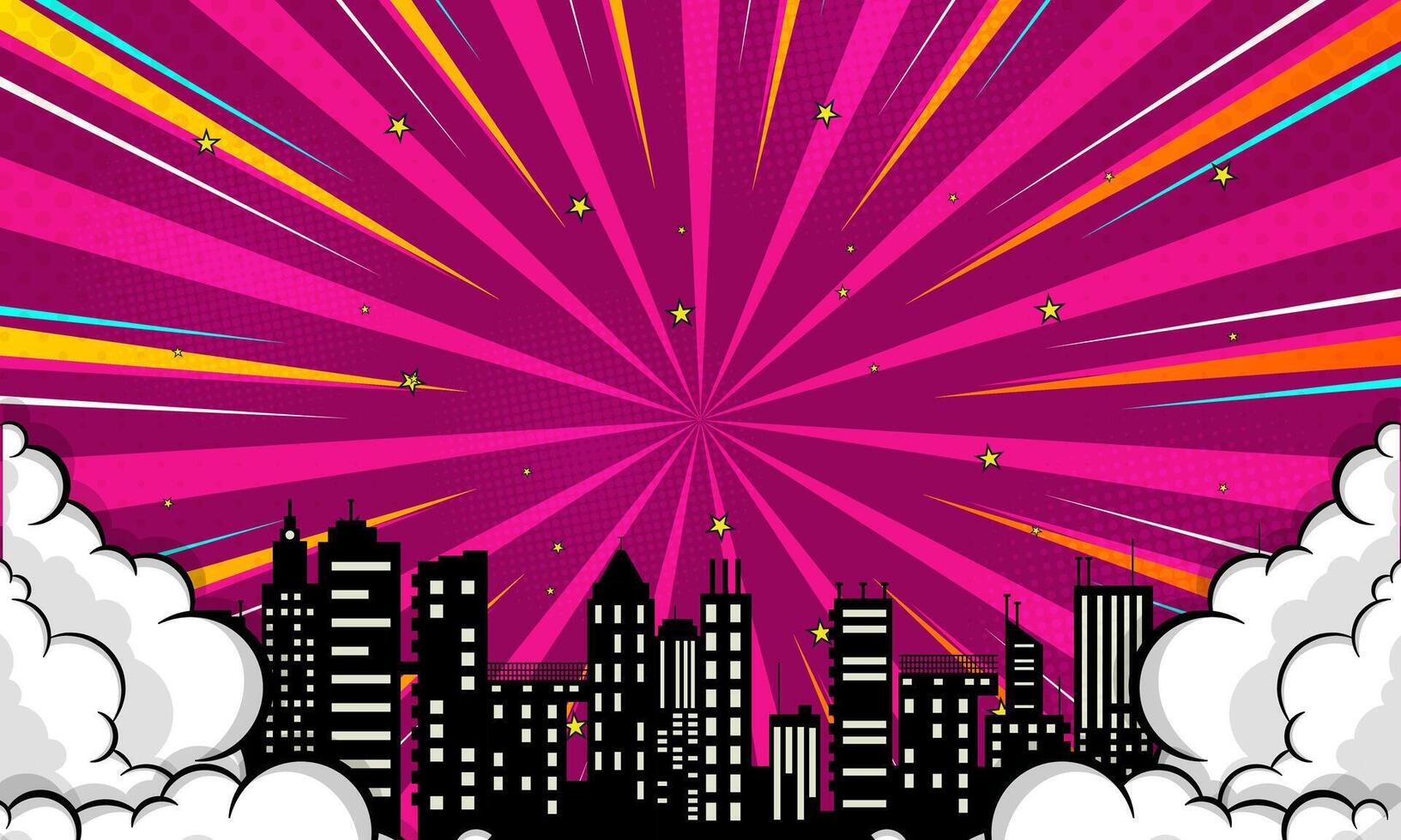 Comic Style Pink Burst Background with City Silhouette and Clouds vector